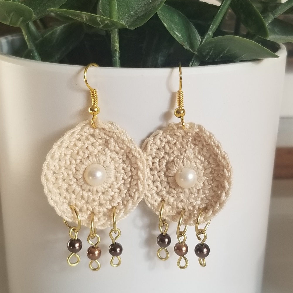 Daisy Crochet Beige Tan Earrings